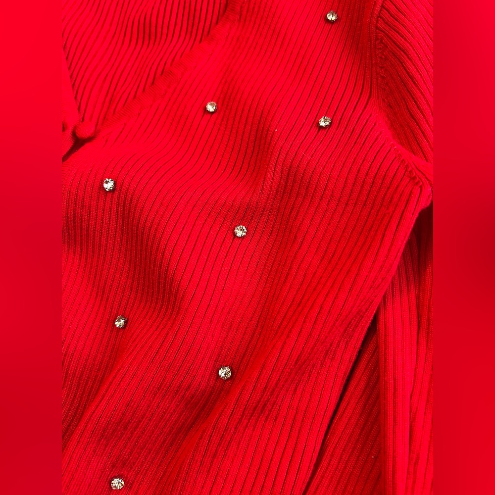 Red Ribbed Sparkle Cardigan Sweater - Picture 4 of 4